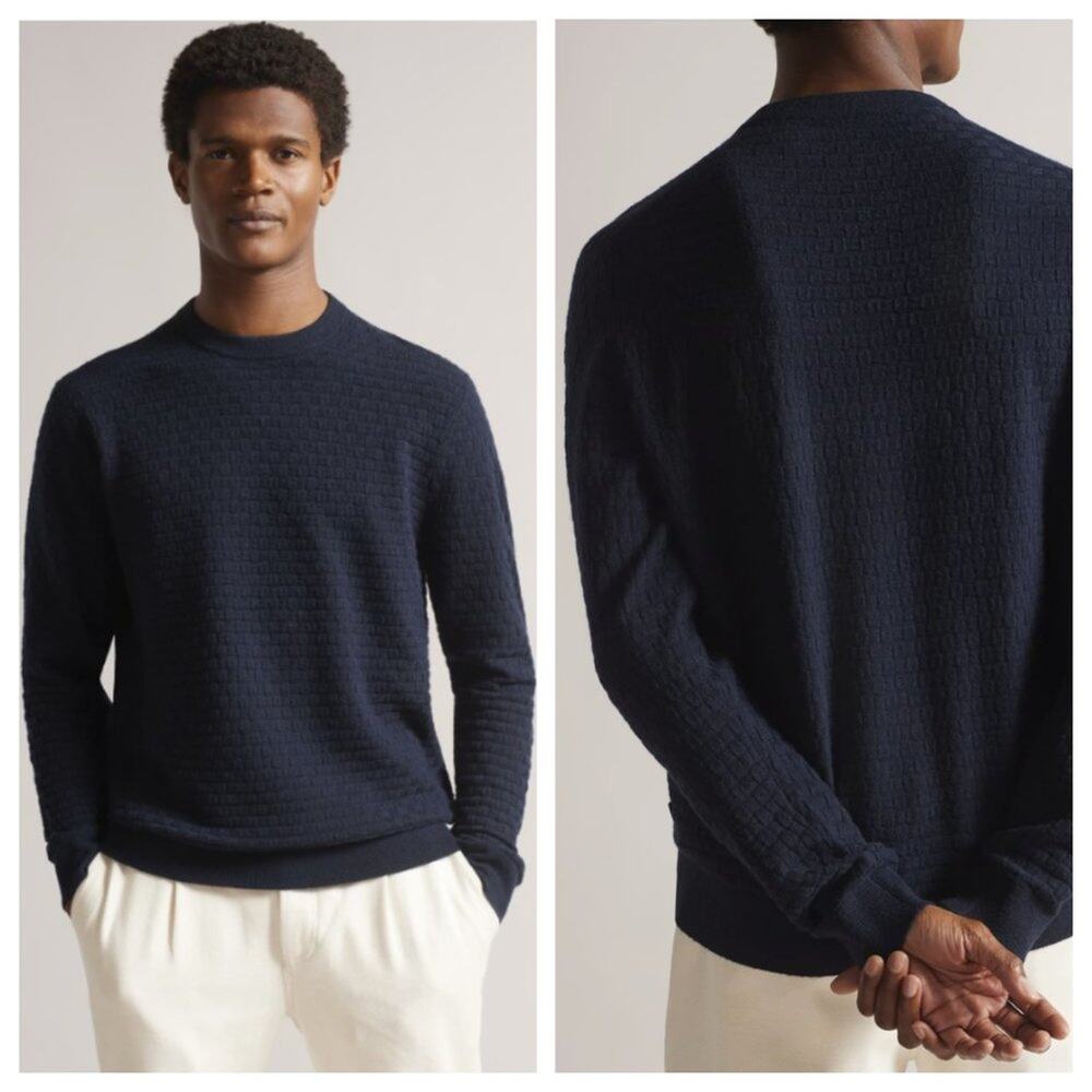 Ted Baker Men's Lentic Long Sleeve Textured Crew Neck Navy Size L